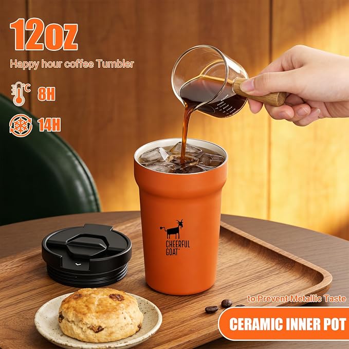 CHEERFUL GOAT Insulated Coffee Mug – Stainless Steel Travel Coffee Tumbler with Ceramic Liner, 12oz Coffee Cup for Hot and Cold Water Coffee at Home, Office, or On the Go (orange)