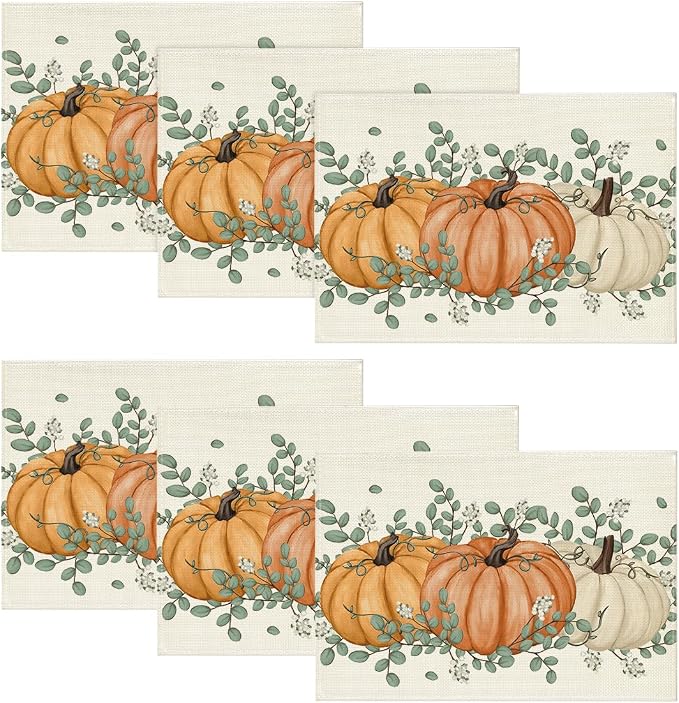 Artoid Mode Orange Pumpkin Eucalyptus Fall Placemats Set of 6, 12x18 Inch Seasonal Table Mats for Table Runner Party Kitchen Dining Decoration | Heat-Resistant Table Mats, Washable Seasonal Autumn Kitchen Dining Decor