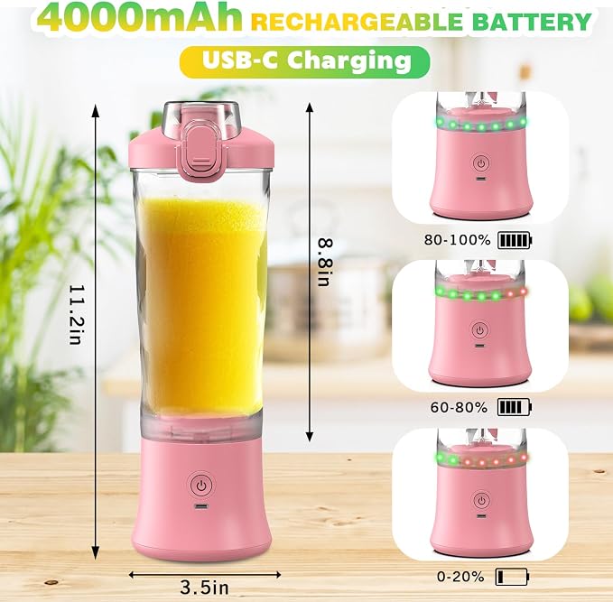 Portable Blender Personal Juicer for Shakes Smoothies with Insulated Sleeve | 20 Oz Electric Protein Shaker Bottle, Travel Lid, USB-C Rechargeable, Mini Small Cordless Blender Cup for Kitchen Travel Gym