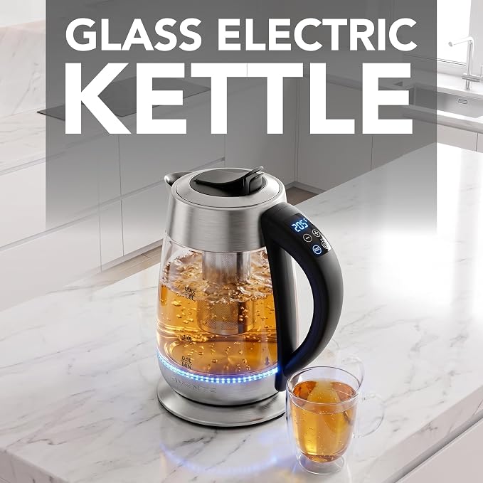 OVENTE 1.8L Glass Electric Kettle with Tea Infuser, Silver KG6610S | 1500W Fast Boiling, Easy Fill Lid, 6 Temperature Control, Keep Warm, Digital Display, BPA-Free, Auto Shut-Off, 360° Base