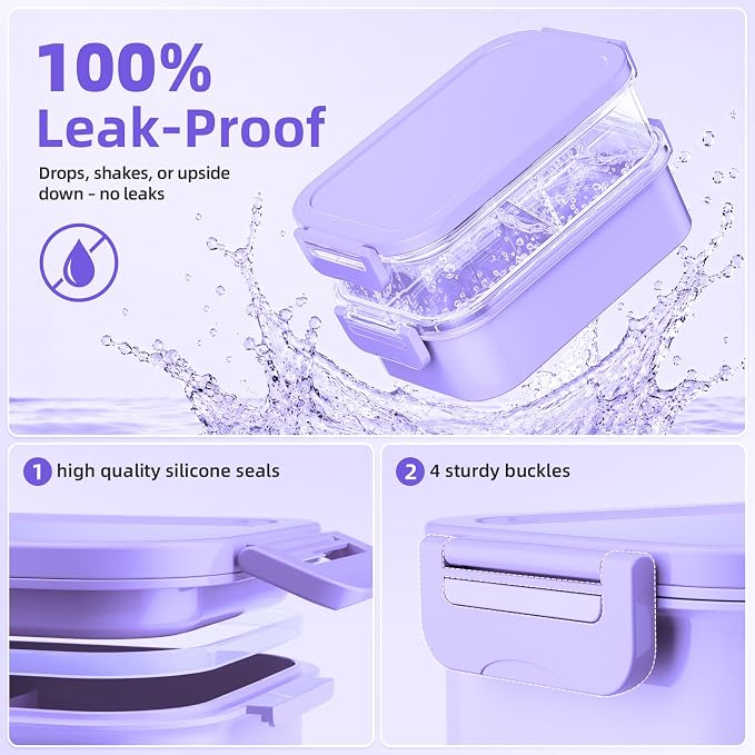Adults Lunchbox Bento Box with Lunch Bag for Women-74 OZ All-in-One Stackable Lunch Box for Adults Kids Leakproof Bento Large Lunch Box Containers with Fork Spoon Sauce Box for Work School (Purple)