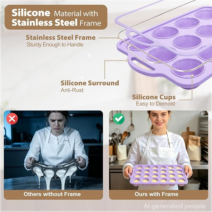 Silicone Muffin Pan Set: Non Stick 12 & 24 Silicone Muffin Pans for Baking | Easy Release - Complete Shaping Each Use Avoid Re-baking - BPA-free Cupcake Tin Reinforced Frame for Oven Home Bakers Vnray