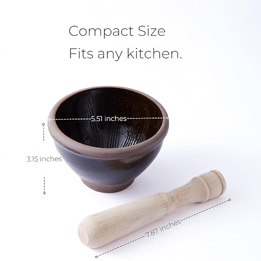 Thai Mortar and Pestle Set, Clay Bowl with Wooden Pestle | Small Traditional Set For Papaya Salad, Curry Paste, Herbs, Spices And Thai-Style Food Preparation