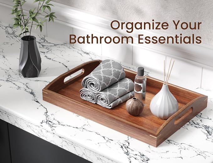 Acacia Wood Set of 2 Serving Trays with Handles Decorative Tray | 2 Pack, Decorative Trays, for Coffee Table, Kitchen Counter, Breakfast, Party