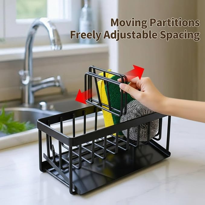 18/8 Stainless Steel Sink Caddy Sponge Holder for Kitchen | Self Drain Tray, Soap holder with Divider (Black)