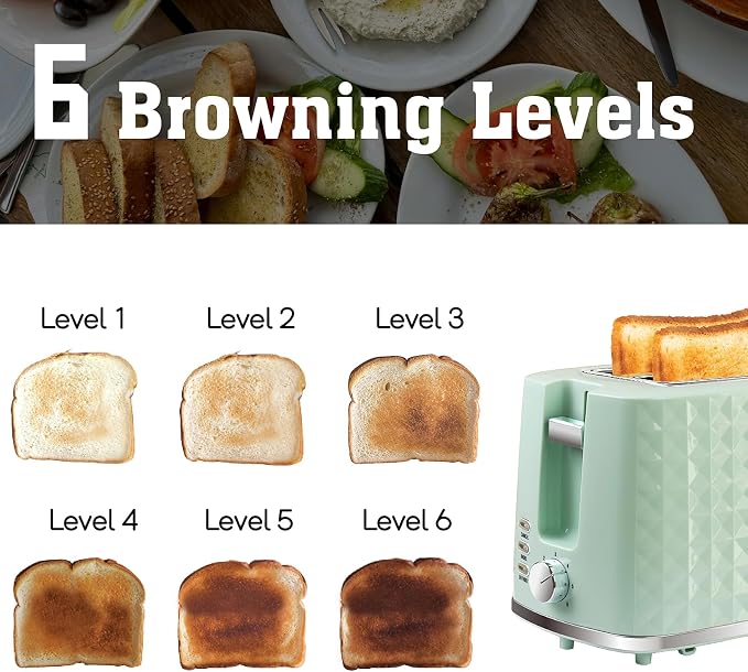 Toaster 2 Slices, Toasters Wide Slot, Bread Toaster with Cancel, Bagel, Defrost Function, Bagel Toasters with Removable Tray & 6 Temperature Settings, Green