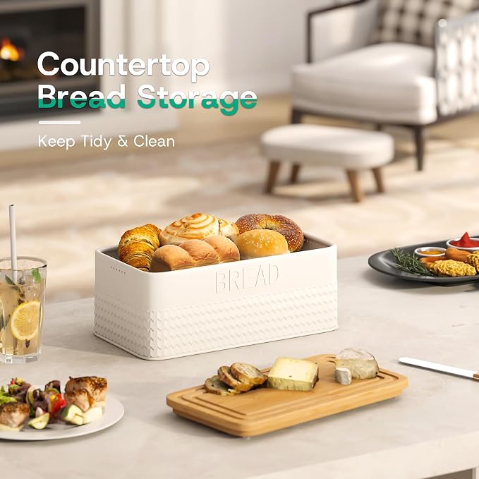 kiplant Bread Box for Kitchen Countertop, Large Bread Storage Container with Bamboo Lid, Iron Farmhouse Bread Box for Your House, White