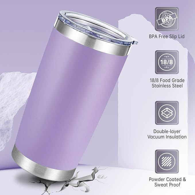 20 oz Tumblers Bulk Stainless Steel Tumbler with Lid, 12 Pack | Purple, 20oz Insulated Coffee Mug, Double Wall Vacuum, Powder Coated Cup, for Hot and Cold Drinks