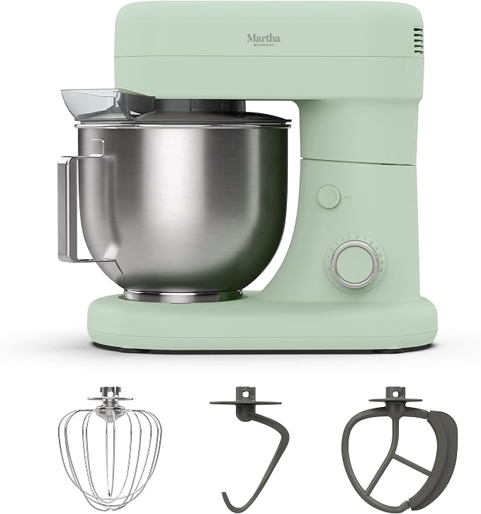 Martha Stewart 5.3QT Tilt Head Stand Mixer, 12 Speeds, Stainless Steel Bowl | Dough Hook, Stainless Whisk, Beater, Removable Splash Shield, Bread, Cake & Whipping, Electric Kitchen Mixer, Honeydew Green