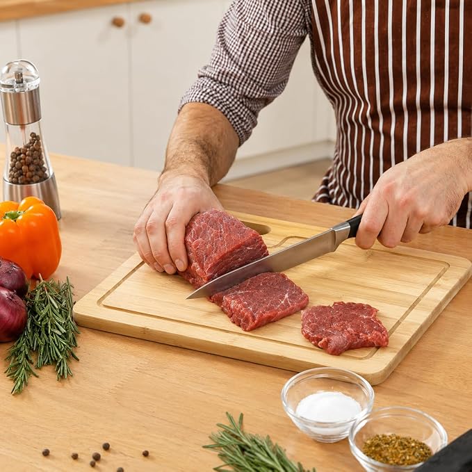 4 Pack 12.5"L x 9.8"W Bamboo Cutting Boards with Holder, Wood Cutting Board Set, Chopping Boards Set with Food Icons, Kitchen Cutting Board Ideal for Meat, Fish, Bread, Vegetable, Fruit