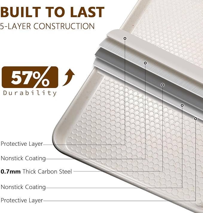 Wildone Baking Sheet Pan Set of 2, Honeycomb Embossed Nonstick Cookie Sheet | Thicker Carbon Steel Jelly Roll Pan Oven Tray 15x10 Inch, Heavy Duty & Easy Clean, White