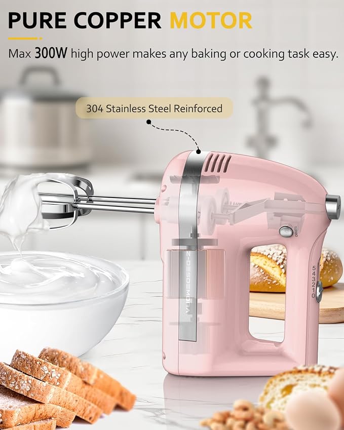 Electric Hand Mixer, Powerful Hand Mixer Electric Handheld with 304*(2*Beaters, 2*Dough Hooks),(1*Storage Bag) Hand Held Mixer with Turbo for Baking Cakes,Cream(Pink)