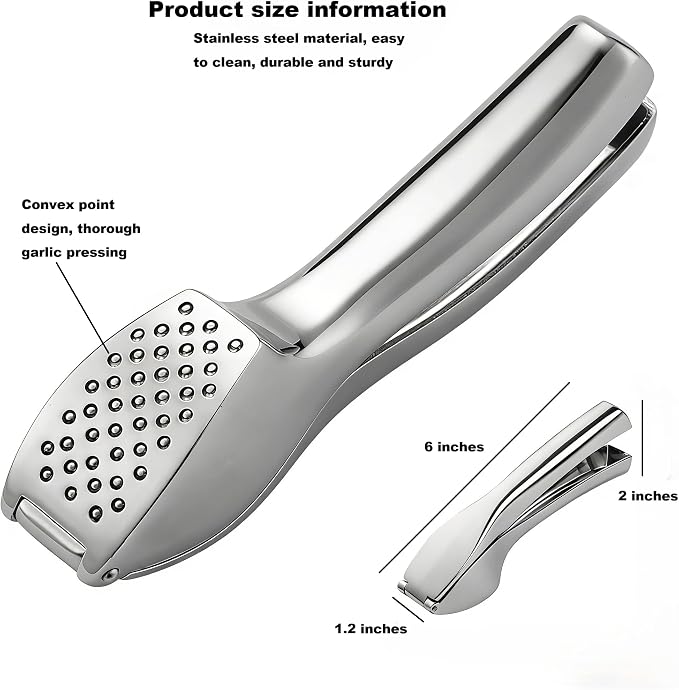 Stainless Steel Garlic Press Set Peeler & Cleaning Brush | Ergonomic soft handle, large chamber, rustproof and dishwasher safe