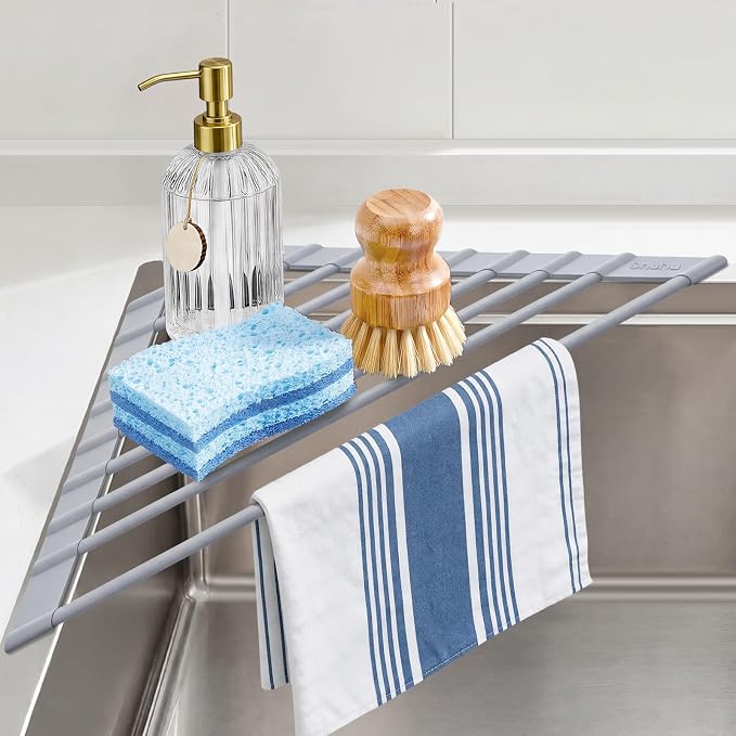Ohuhu Triangle Roll Up Dish Drying Rack, Silicone Wrapped Steel Anti-Slip Sink Corner Rack Caddy Multipurpose Strainer for Kitchen Sink Trivet Space-Saving