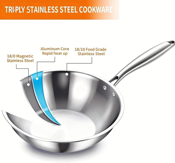 DELARLO Tri-Ply Stainless Steel Woks, 12 Inch Healthy Non-Toxic Cooking Wok Pan with Lid, Wide & Deep Cookware Stir-Fry Pans, Dishwasher and Oven Safe Up To 600°F, Works on Induction，Detachable Handle