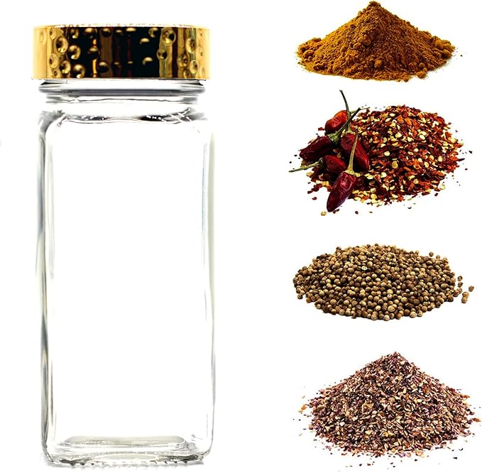 Tianifa 6pcs Gold Spice Jars, 4 oz Glass Seasoning Bottles, Spices Container, Empty Spice Jars, Square Spice Bottles with Airtight Plastic Caps with Shaker Lids