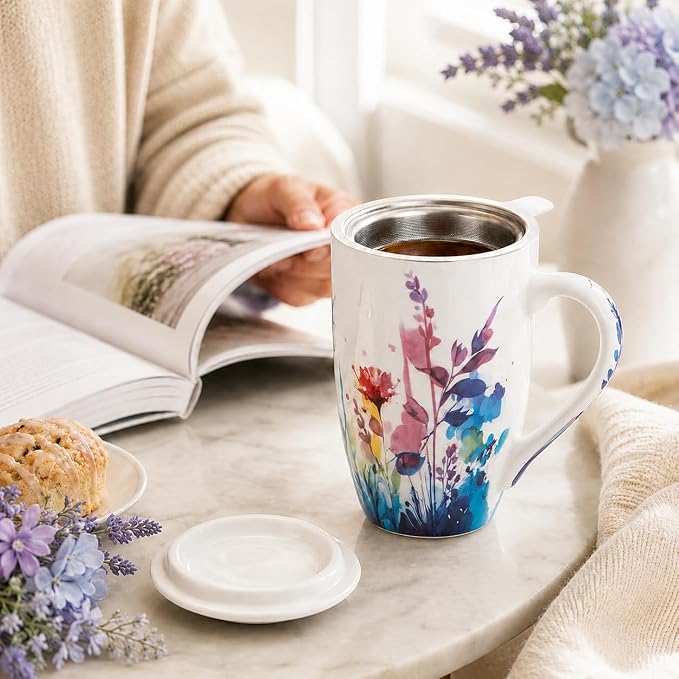 AmorArc Tea Cup With Infuser and Lid, 18oz Loose Leaf Tea Mug With Steeper | Porcelain Tea Mug With Infuser and Lid, Strainer Tea Cup for Tea Lovers, Home & Office, Housewarming Birthday Gift
