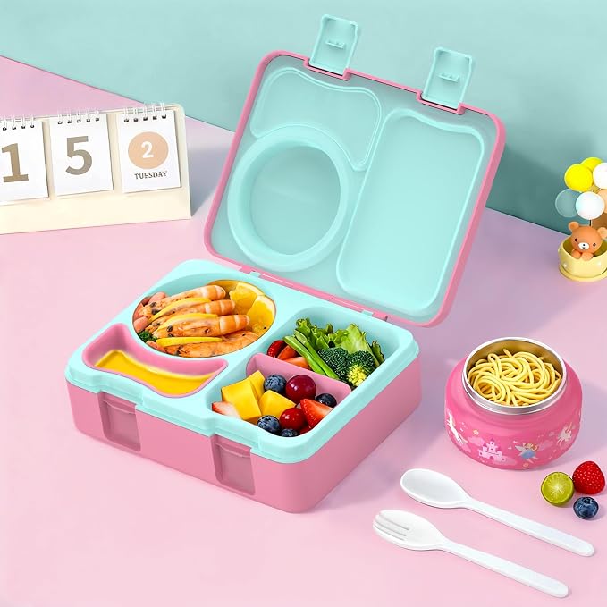 Bento Box for Kids, Leakproof Kids Lunch Box with 8.5OZ Thermo Food Jar & Lunch Bag, 3-4 Compartments Toddler Insulated Lunch Box for Girls, BPA Free Lunch Containers for School Daycare