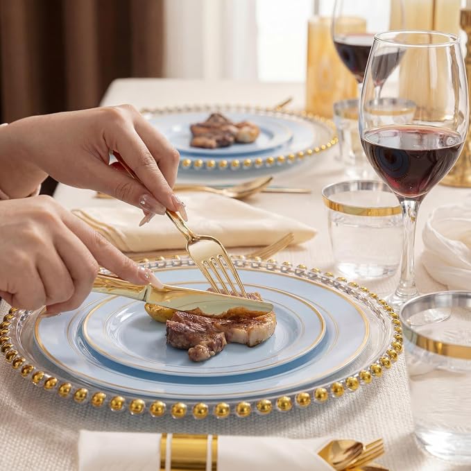 175PCS Blue Plates Disposable - Baby Blue Plastic Plates - 25Guests Plastic Dinnerware with Rolled Napkins for Wedding/Birthday/Baby Shower