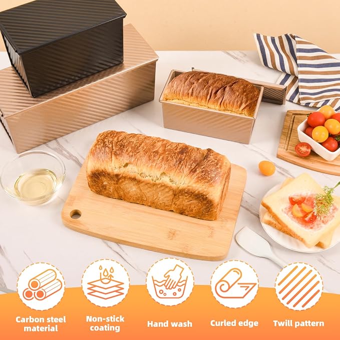 2 PCS Pullman Loaf Pan with Lid, 2.2 lb & 1 lb Dough Capacity, Nonstick Carbon Steel Sandwich Bread Pans with Covers for Homemade Sourdough Baking