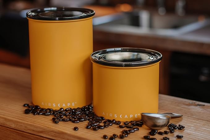 Planetary Design Airscape Stainless Steel Coffee Canister | Food Storage | Food Storage Container | US Patented Airtight Lid | Push Out Excess Air Preserve Food Freshness (Small, Matte Yellow)
