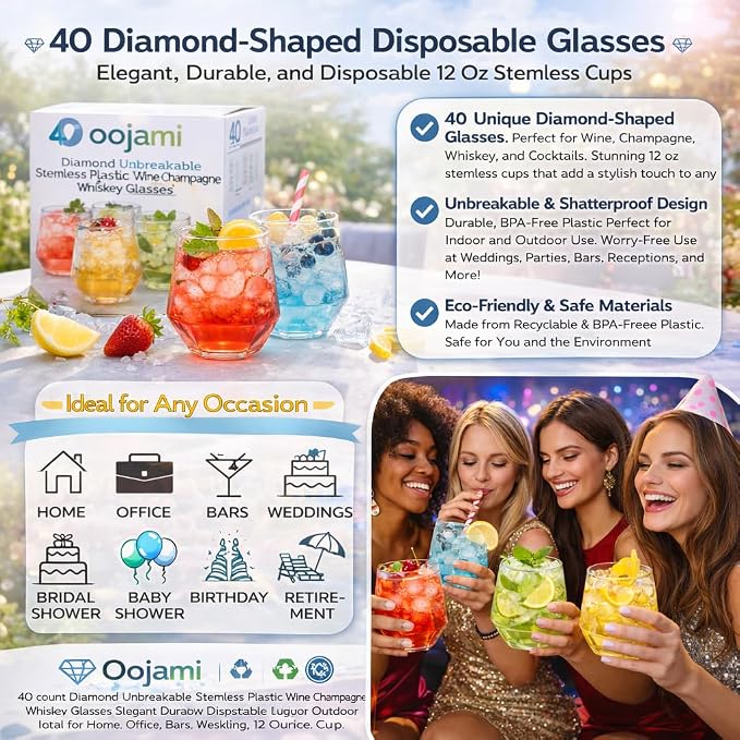 Oojami 40 Pack Diamond Disposable Wine Glasses 12 oz Plastic Clear | Shatterproof BPA-Free Reusable Recyclable, Stemless Cocktail Champagne Whiskey Cups for Wedding Birthday Party Bar Home