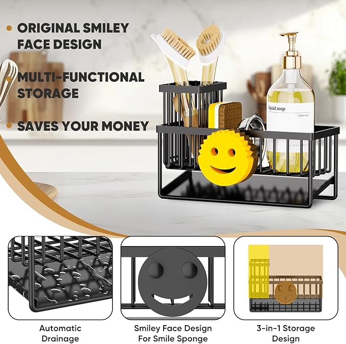 Sponge Holder for Kitchen Sink,Smiley Face Sink Caddy with Removable Brush Holder,Self-Draining Sponge Caddy for Sponge,Soap,Dish Brush,Scrubber,Kitchen Essentials and Gadgets