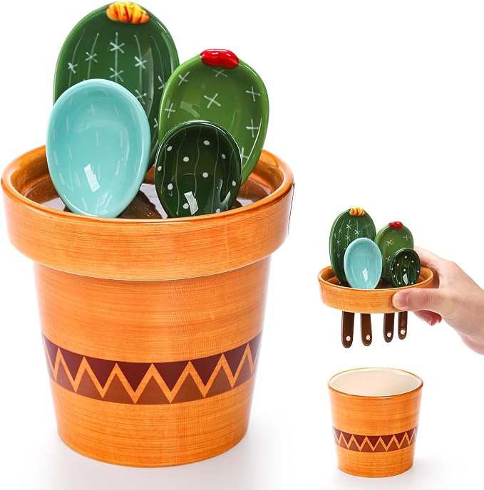 Coloch 5Pcs Ceramic Measuring Spoons in Pot, Cactus Shape Baking Measuring Spoons and Cup Decorative Cactus Figurine Measuring Spoon Set for Baking, Milk, Sugar, Salt