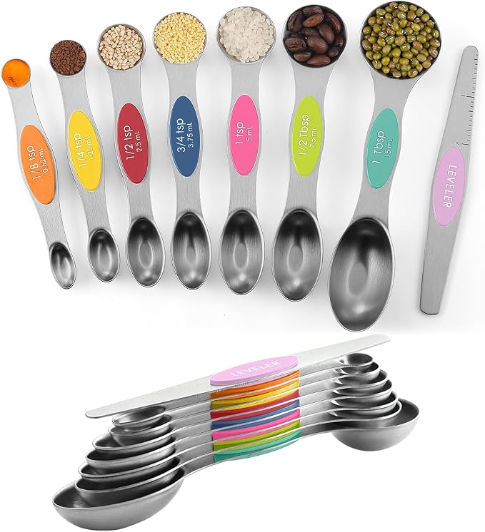 ChefAide Pack of 8 Stainless Steel Magnetic Measuring Spoons Set, Dual Sided, Stackable, Adjustable Teaspoon and Tablespoon Measure Spoon with Leveler, Kitchen Gadgets