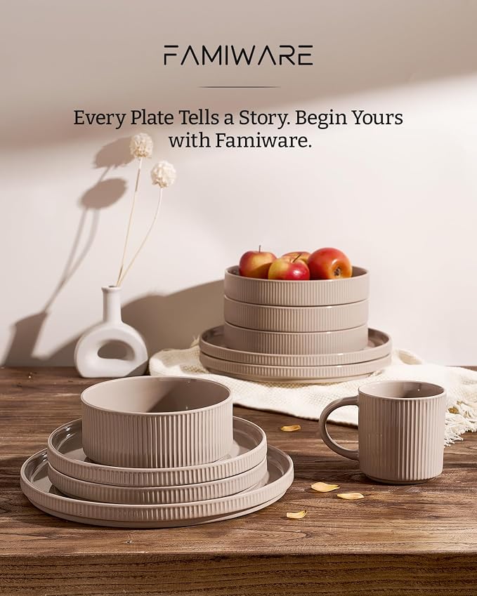 Famiware Ceramic Plates and Bowls Set, Dinnerware Sets, Ribbed Dishes for 4 | 12-Piece Stoneware Dishware, Lipped Edges, Chip & Scratch Resistant, Microwave & Dishwasher Safe, Daily Use, Cinnamon Brown