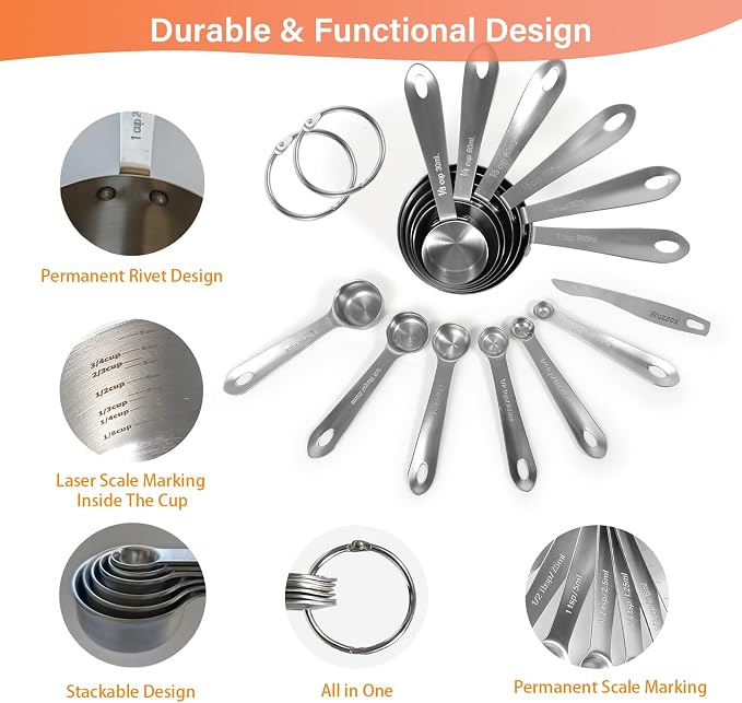 Stainless Steel Measuring Cups & Spoons Set of 13, Stackable Metal Measuring Cups & Spoons, Kitchen Gadgets for Cooking & Baking