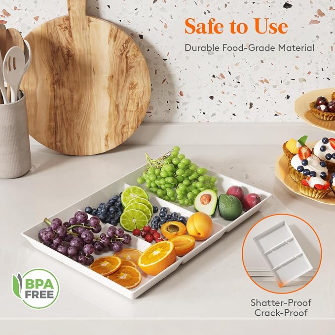 Lifewit Divided Serving Tray for Party, 3 Pack Plastic Food Serving Platter | 15" x 10" White Reusable Fruit and Veggie Tray, Catering Dishes for Dessert, Snacks, Entertaining, Holiday Hosting Essentials