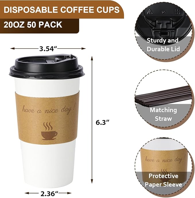 BYSNOW 20 oz 50 pack Disposable Paper Coffee Cups with Lids To Go Cups | Paper To Go Cups with Lids, Sleeves and Stirring Sticks, for Home, Office and Party (White 20oz)