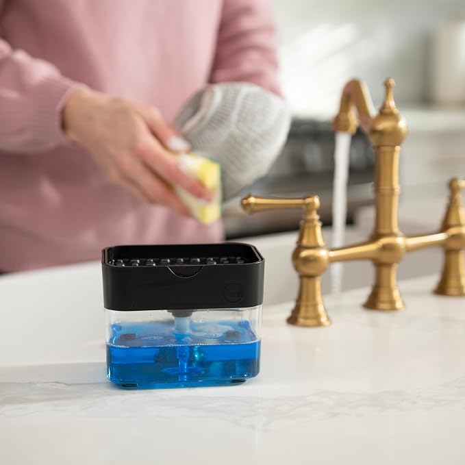 S&T INC. Dish Soap Dispenser and Sponge Holder, Matte Black | Holds 13 Fluid Ounces, Sponge Included, Anti-Slid Feet, Push to Dispense Perfect Amount of Dish Soap