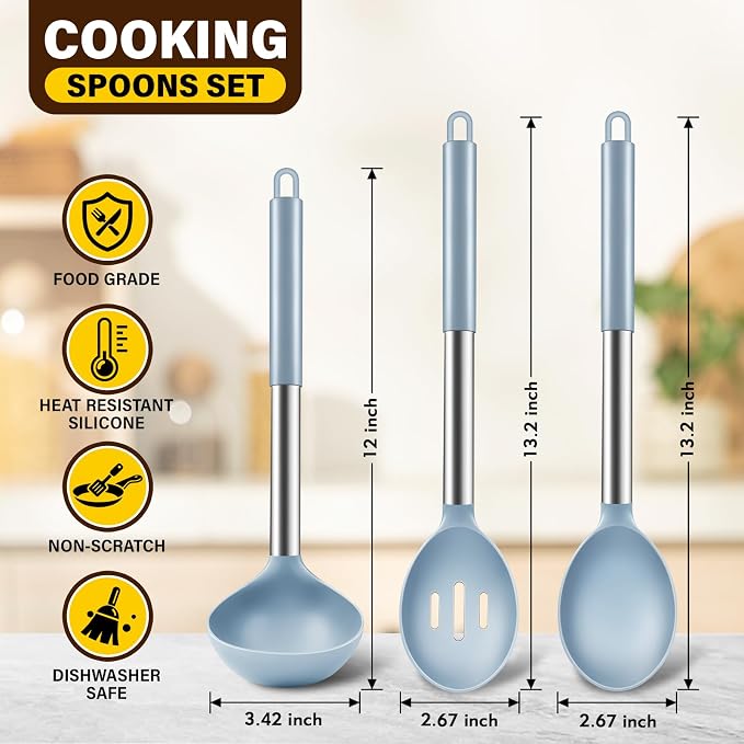 3Pcs Silicone Cooking Spoon Set, Kitchen Utensils Include Solid & Slotted Spoon, Soup Ladle, Food-Grade Heat Resistant 446°F, Non-Scratch Spoons for Serving, Stirring, Draining, Dishwasher Safe, Blue