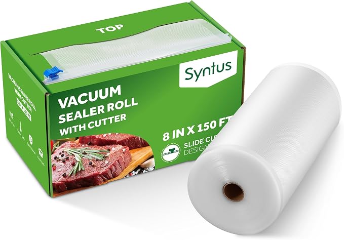 Syntus 8" x 150' Vacuum Sealer Bags Rolls Keeper with Cutter Dispenser | BPA Free, Commercial Grade, Heavy-Duty, Microwave Sous Vide Cooking, Meal Prep, Custom Length, Precise Cuts, for Food Storage