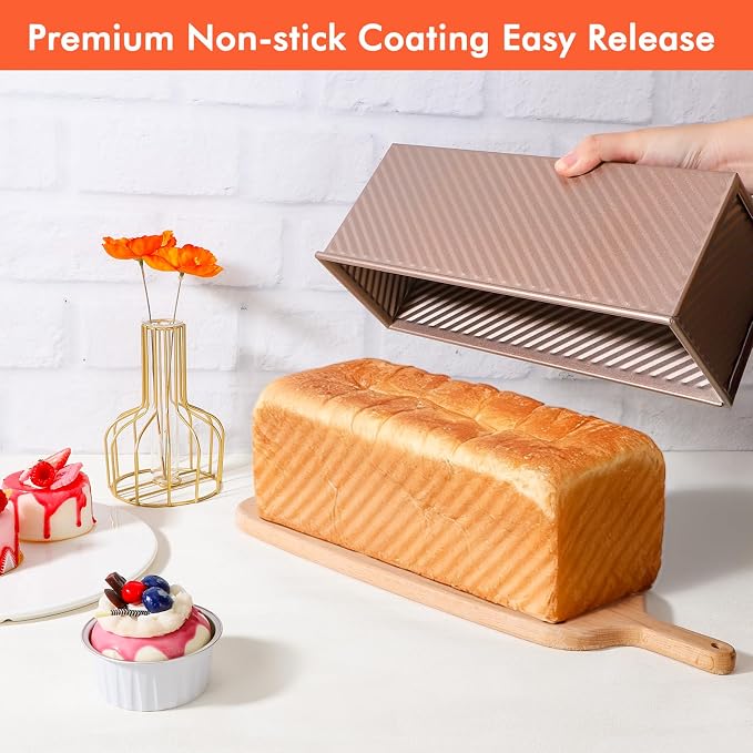 Beasea Pullman Loaf Pan with Lid, 2 Pack 2 lb Large Bread Loaf Pans 12x4inch Nonstick Carbon Steel Toast Box with Dough Scraper Set for Homemade Bread Sandwich Oven Baking - Rose Gold