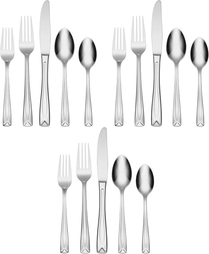 Oneida Lincoln 20 Piece Everyday Flatware, Service for 4, 18/0 Stainless Steel, Silverware Set, Dishwasher Safe, Silver (Pack of 3)