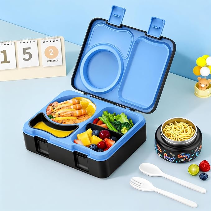 Bento Box for Kids, Leakproof Kids Lunch Box with 8.5OZ Thermo Food Jar & Lunch Bag, 3-4 Compartments Toddler Insulated Lunch Box for Boys, BPA Free Lunch Containers for School Daycare