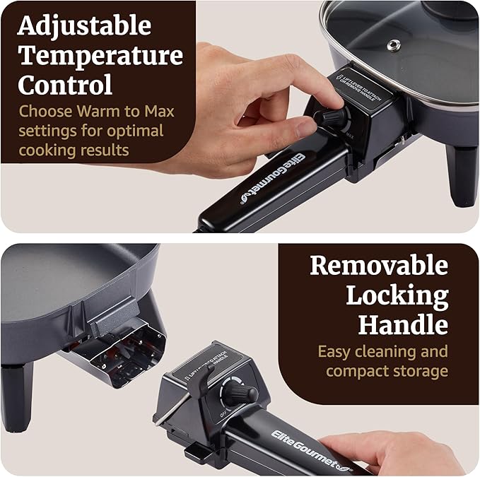 Elite Gourmet EFS059 Personal Compact Electric Skillet, 7" 600W, Black | Portable Cooker with Removable Handle, Nonstick Surface, Tempered Glass Lid, Adjustable Temperature, Rapid Heating
