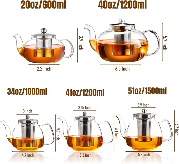 PARACITY Glass Teapot with Infuser, 50 oz Stovetop Kettle for Loose Tea | Borosilicate body with removable 18/8 steel strainer brews blooming and herbal teas; long spout supports travel or camping