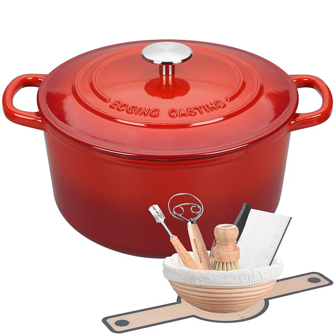EDGING CASTING Enameled Cast Iron Dutch Oven with Sourdough Bread Baking Kit, Bread Dutch Oven with Lid, Includes Proofing Basket & Baking Tools, 5qt, Red