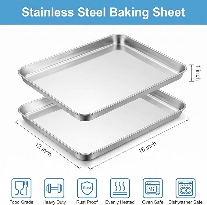 TeamFar Baking Sheet, 16"x 12"x 1" Stainless Steel Cookie Sheet Pan | Set of 2, Baking Pans Trays for Roasting/Cooking, Non-toxic & Healthy, Heavy Duty & Sturdy, Dishwasher Safe - Set of 2