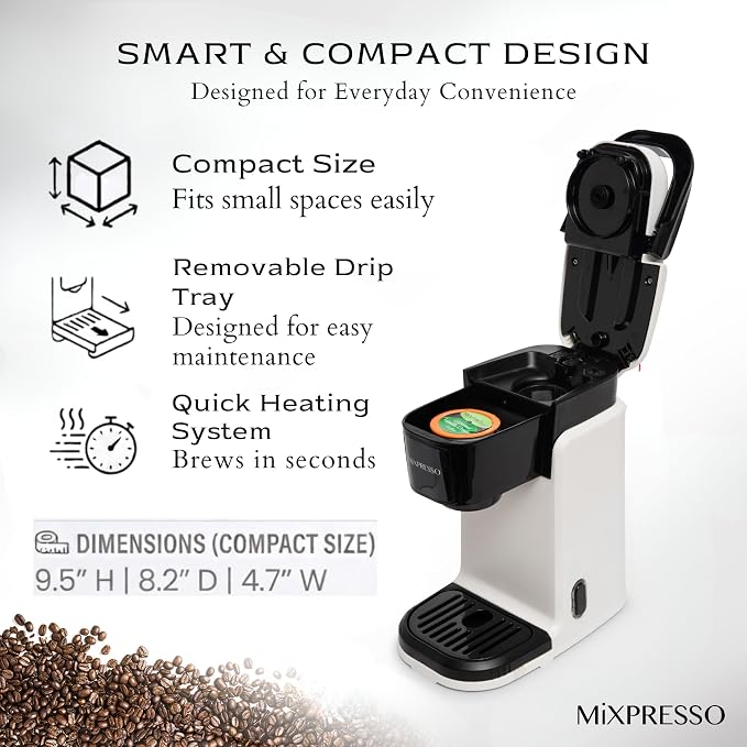Mixpresso Single Serve Coffee Maker K Cup Coffee Maker for K Pods & Grounds | Compact 800W White Coffee Machine with 12 Oz Water Tank, Fast Brew & Auto Shut-Off, Small Design for Travel RV, Office& Dorm