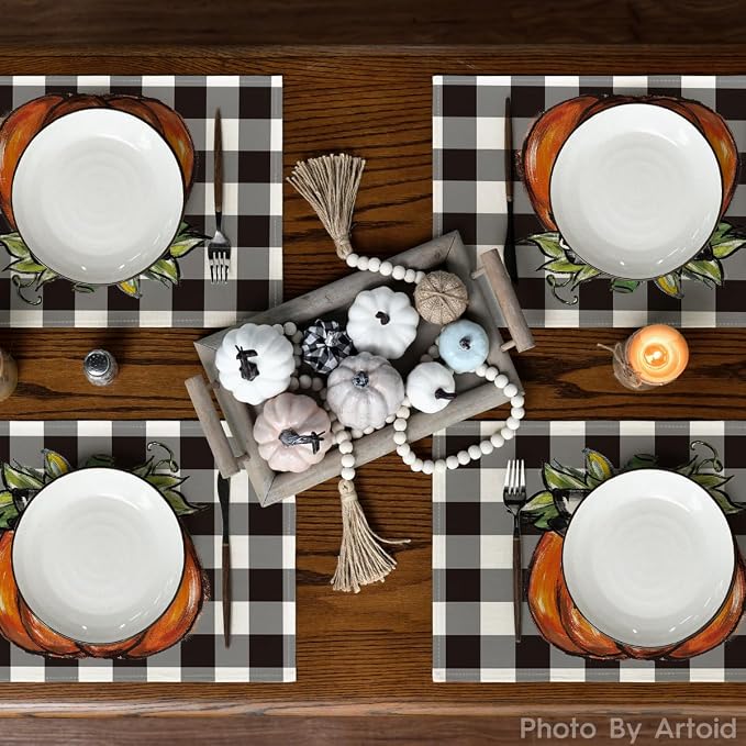 Artoid Mode Buffalo Plaid Pumpkin Fall Placemats Set of 6-12 x 18 Inch | Heat-Resistant Table Mats, Washable Seasonal Autumn Bowknot Kitchen Dining Decor