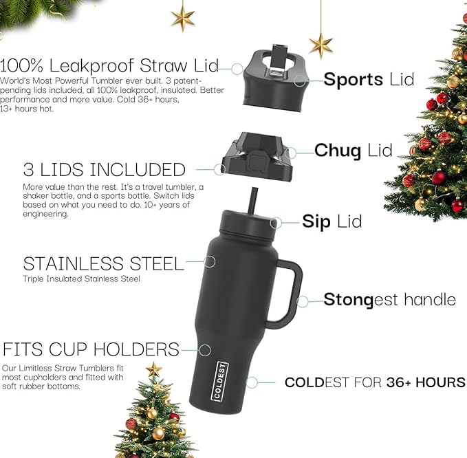 Coldest Tumbler with Handle and Straw, 100% Leak Proof Insulated Tumbler with Lid and Straw (3 Lids), Stainless Steel Tumblers for Women & Men, Cup Holder Friendly, 46 oz (Morrocan Vibes)