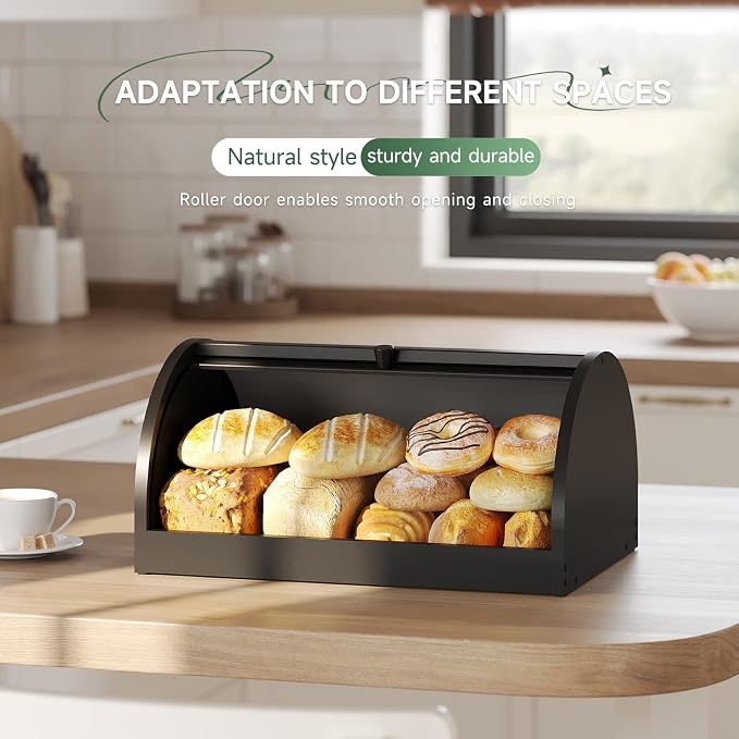 STDDRE Corner Bread Box for Kitchen Countertop Roll Top Bread Box Kitchen Food Storage Box for Homemade Bread Bread Holder for Kitchen Counter Pantry Shelf (Black)