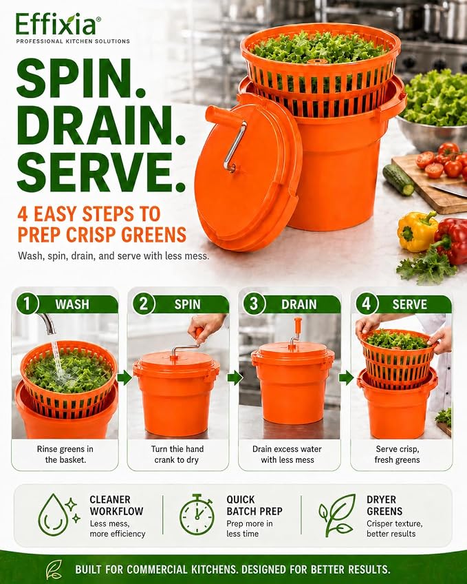 Commercial Salad Spinner - 6.5 Gallon Large Capacity Lettuce Dryer | 10 Ft Drain Hose & Stop Valve, 25Qt Manual Vegetable Spinner for Restaurants, Catering and Meal Prep