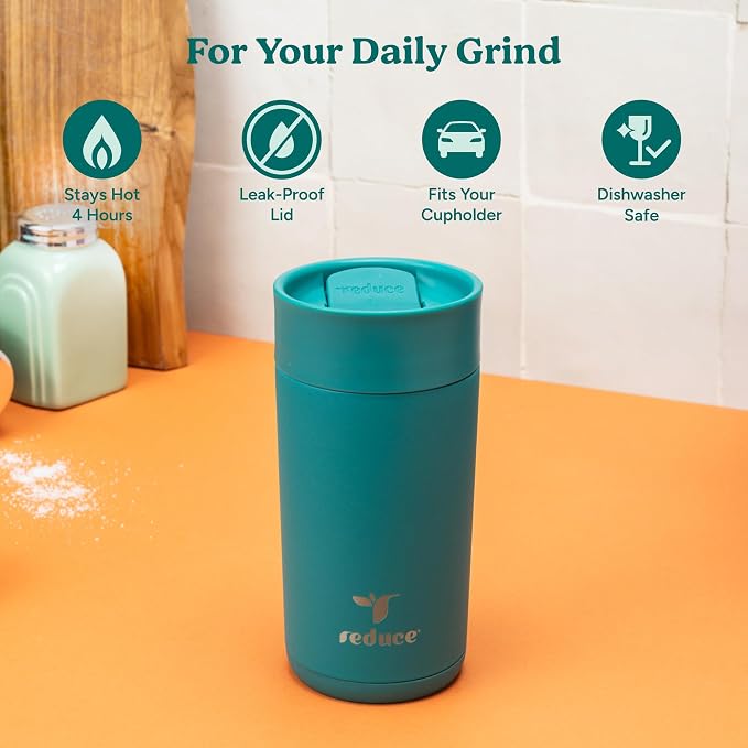 REDUCE Perk 10oz Insulated Coffee Tumbler – Leak-Proof with Lockable Lid and Vacuum Insulation–Durable Stainless Steel–Fits Car Cup Holders – One-Handed Travel Mug in Sand Leopard Print - Eternal Teal