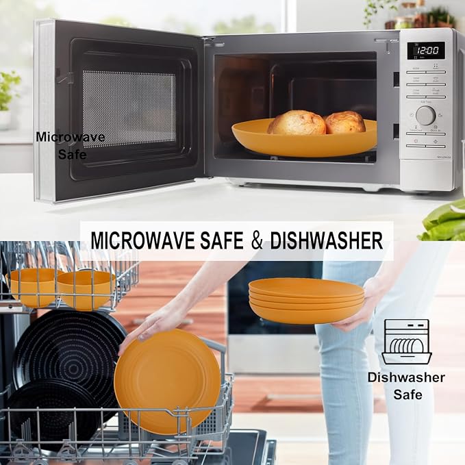 28-Piece Wheat Straw Dinnerware Sets, Microwave & Dishwasher Safe Unbreakable Dinnerware Set, Reusable Dishware Sets, Lightweight Camping Dishes, Plates, Cups, Cereal Bowls for 4(Yellow Orange)